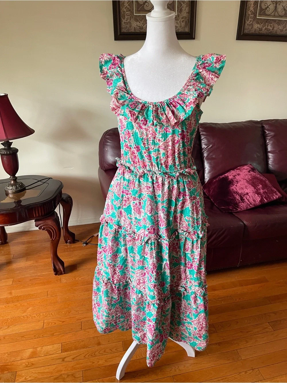 J.Crew Floral Ruffle Midi Dress Green Pink Cottagecore Garden Party Size 2